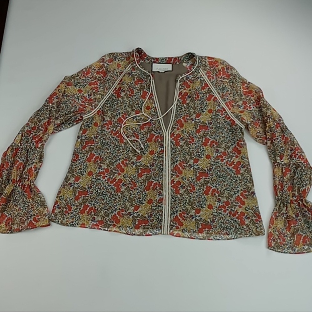 ALEXIS “Samera” Floral Print Sheer Peasant Top Blouse Tassel Tie GMA Hoda Large - Picture 7 of 14